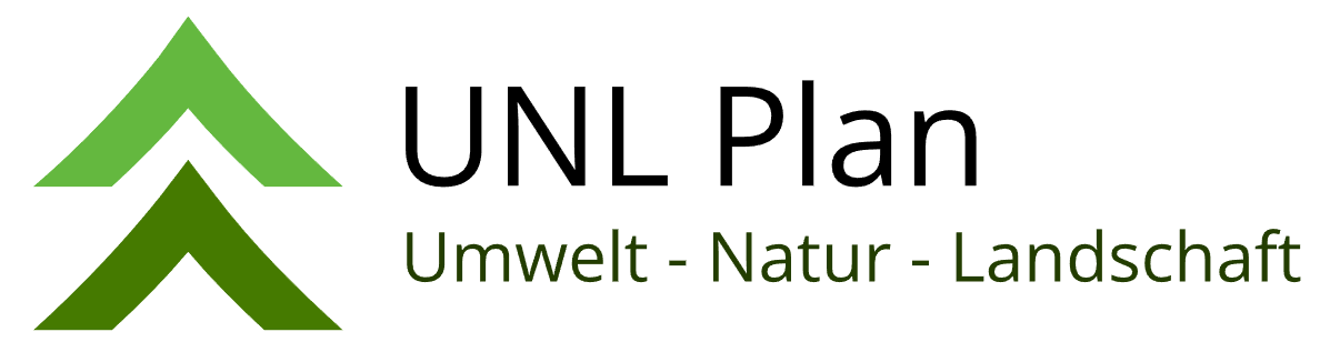 Logo with two green upward arrows beside text 'UNL Plan Umwelt - Natur - Landschaft'.