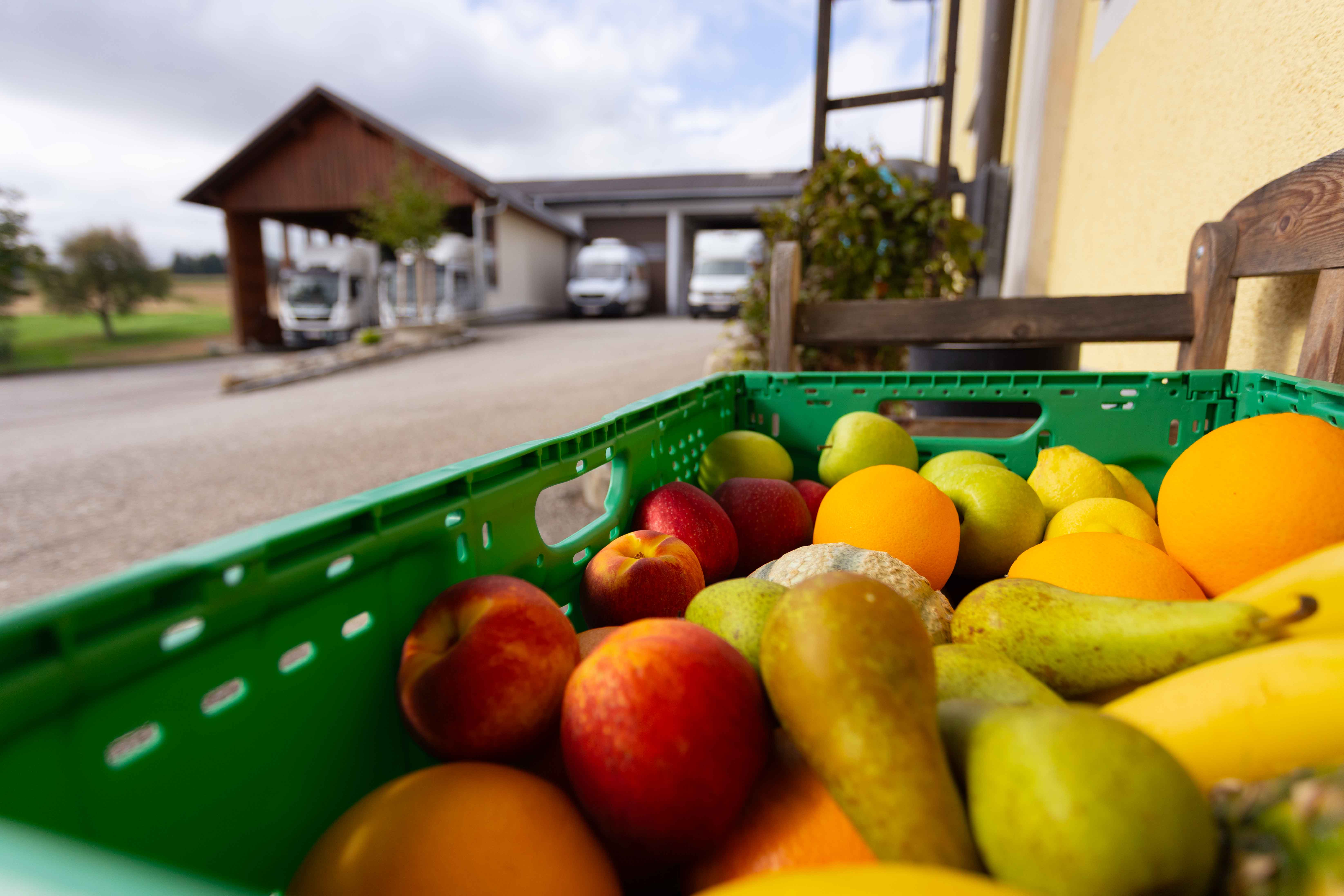 Grüner Kunststoffkorb mit verschiedenen frischen Früchten neben einer Holzbank vor einem ländlichen Gebäude mit Lieferwagen.