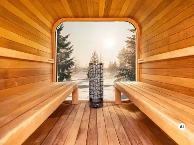 Blick aus einer Sauna auf verschneite Bäume und Elektroofen