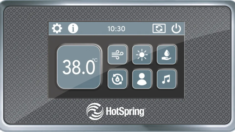 HotSpring Whirlpool-Bedienfeld mit Temperaturanzeige von 38,0 Grad
