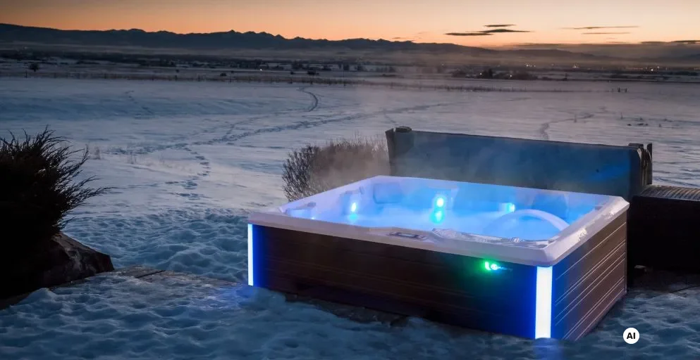 Beleuchteter Whirlpool mit Blick auf verschneite Winterlandschaft bei Sonnenuntergang