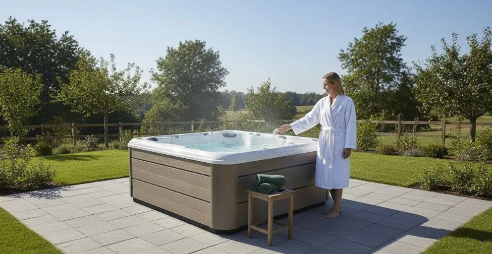 Person entspannt im Außenwhirlpool bei Sonnenuntergang mit Landschaftsblick