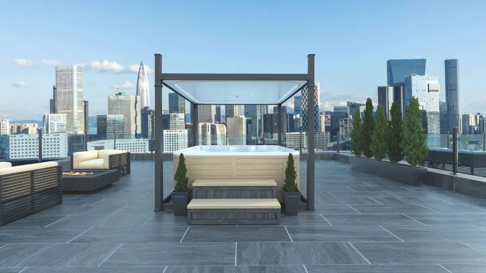 Dachterrasse mit Whirlpool und Stadtblick in moderner Skyline