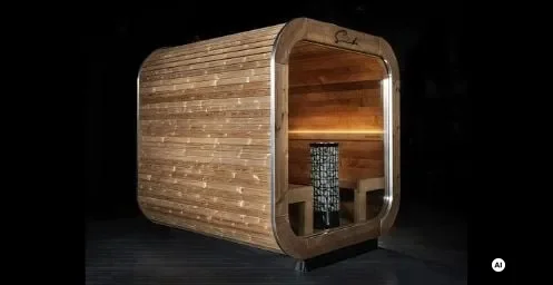 Moderne Sauna aus Holz mit rundem Design und elegantem Saunofen