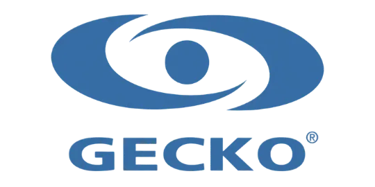 Blaues Gecko-Logo mit geschwungenen Linien und Firmennamen
