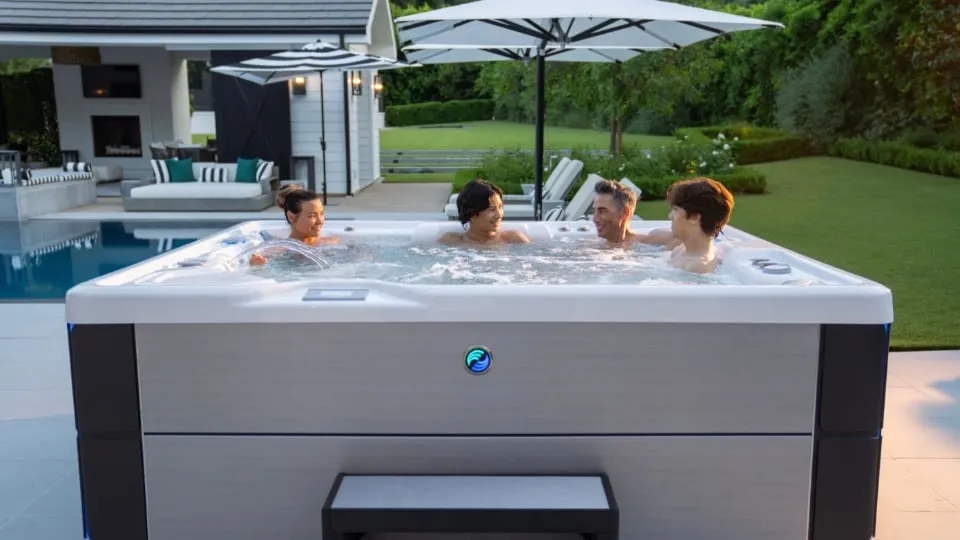 Freunde entspannen im Whirlpool auf einer luxuriösen Terrasse mit Pool