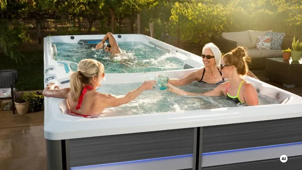 Drei Personen entspannen und schwimmen in einem Außen-Whirlpool im Garten