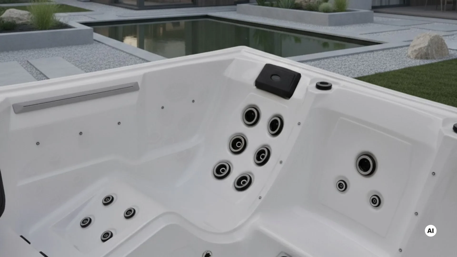 Weißer Whirlpool mit Massagedüsen im modernen Gartendesign