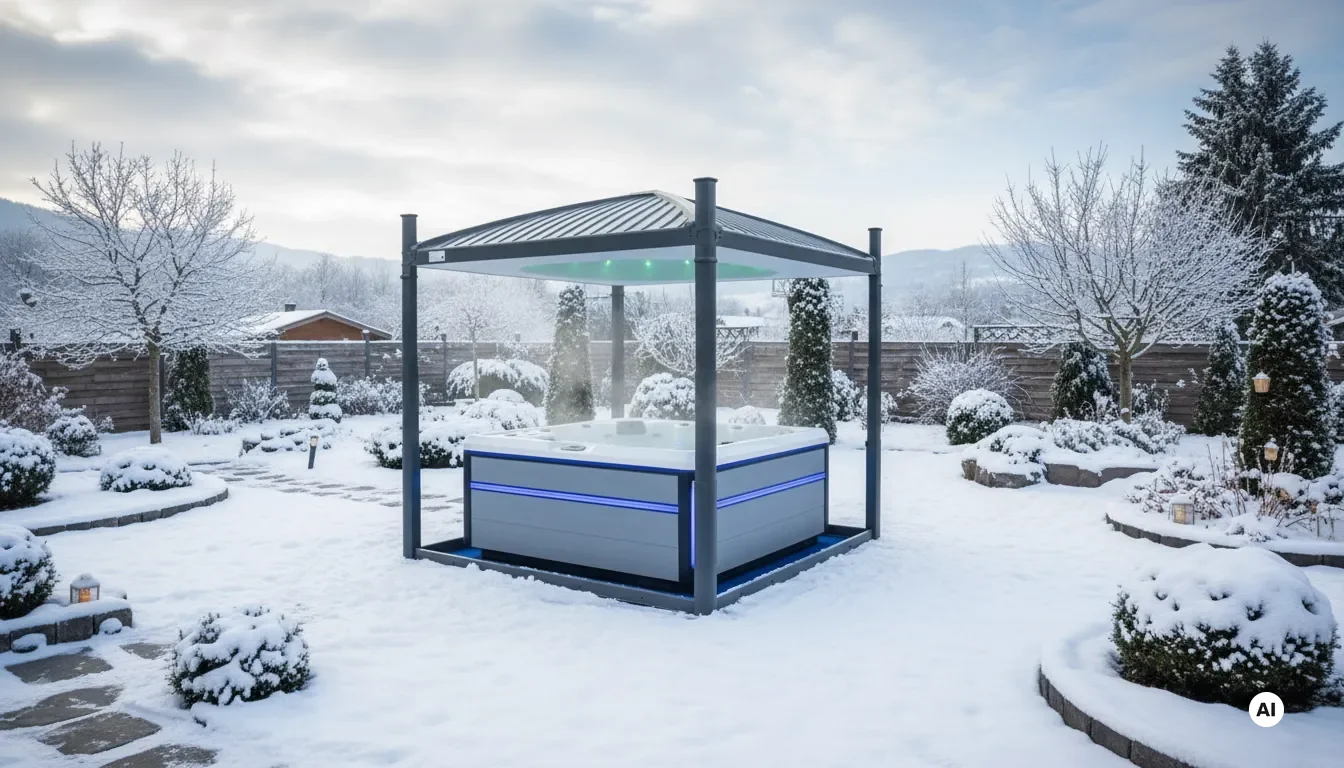 Covana Oasis bei spaPRO: Robuste Whirlpool-Abdeckung schützt vor Schnee.