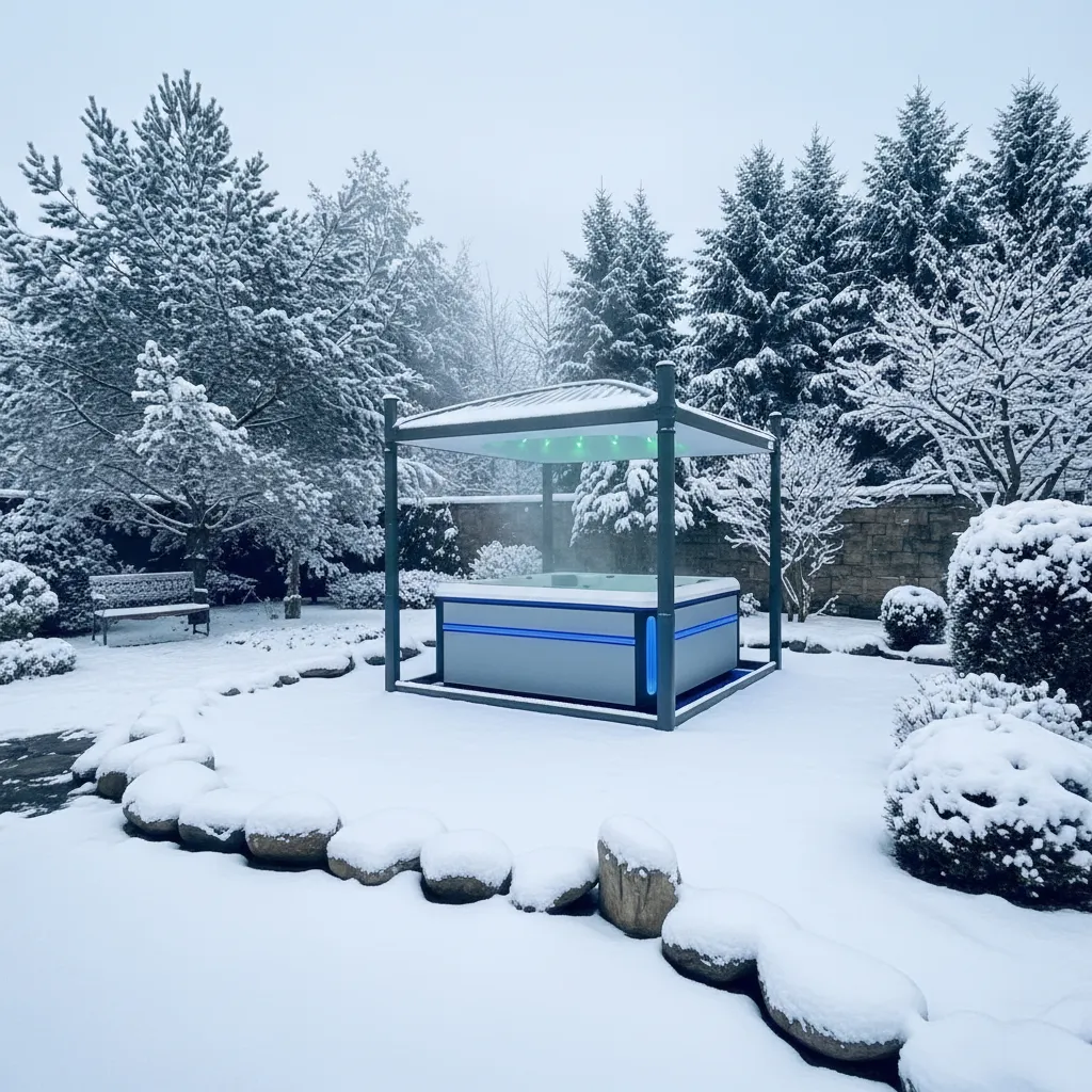 Verschneiter Garten mit blau-weißer Pavillon und Kiefernbäumen im Winter