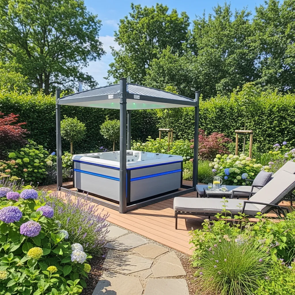 Moderner Whirlpool auf Holzterrasse mit bunten Blumen und Gartenpavillon