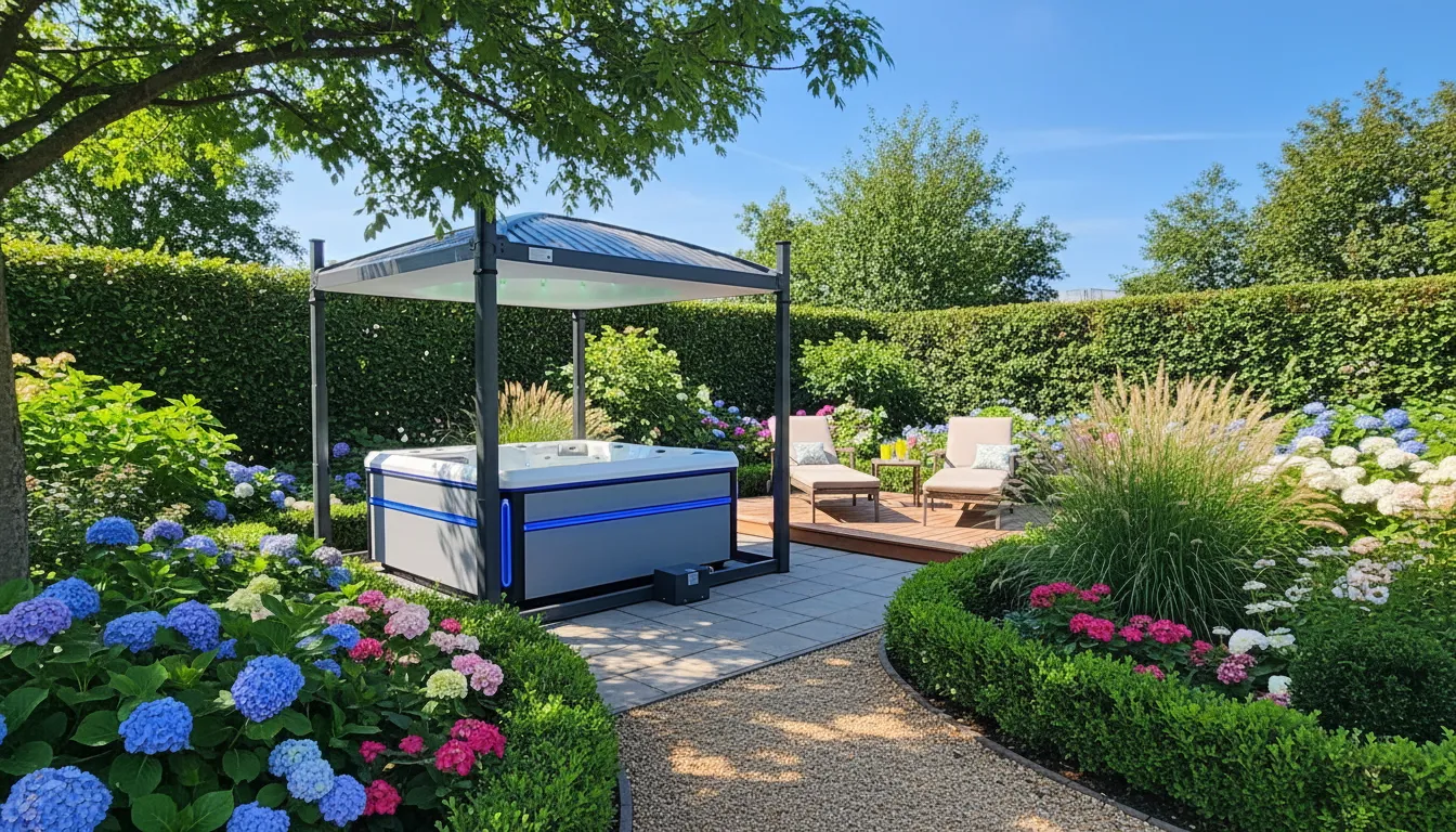 Whirlpool im üppigen Garten mit Hortensien und Designerliege