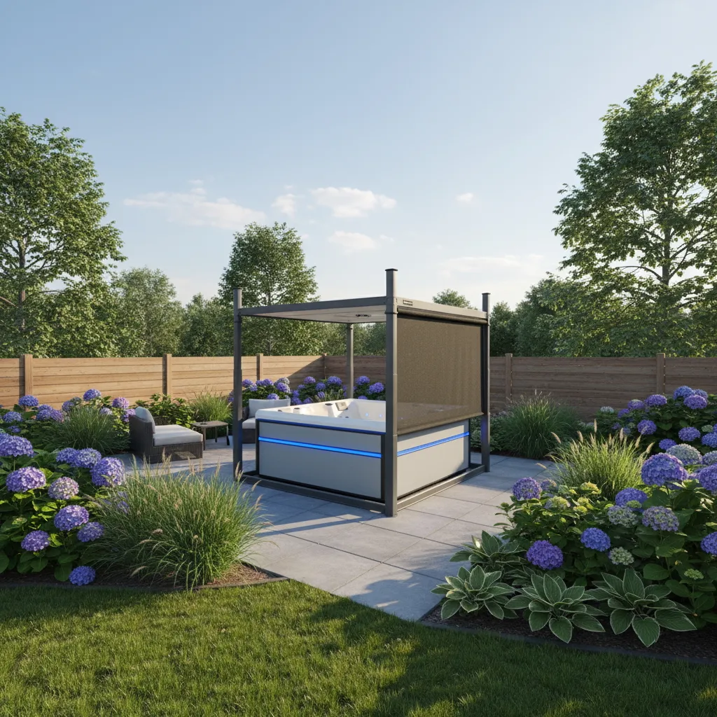 Moderner Garten mit Whirlpool, Hortensien und Sichtschutz