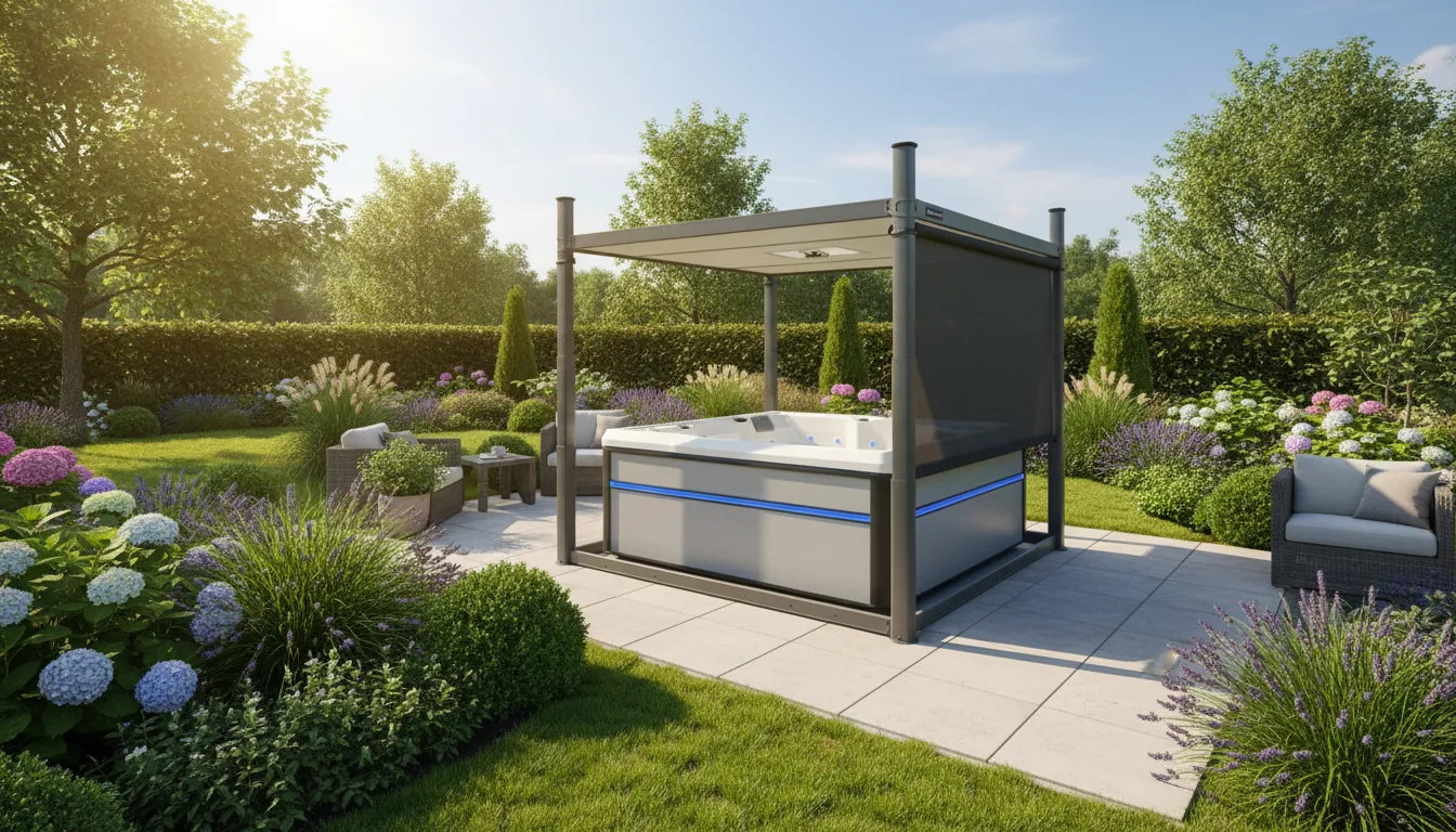 Moderner Whirlpool mit blauer Beleuchtung im gepflegten Garten mit Blumen