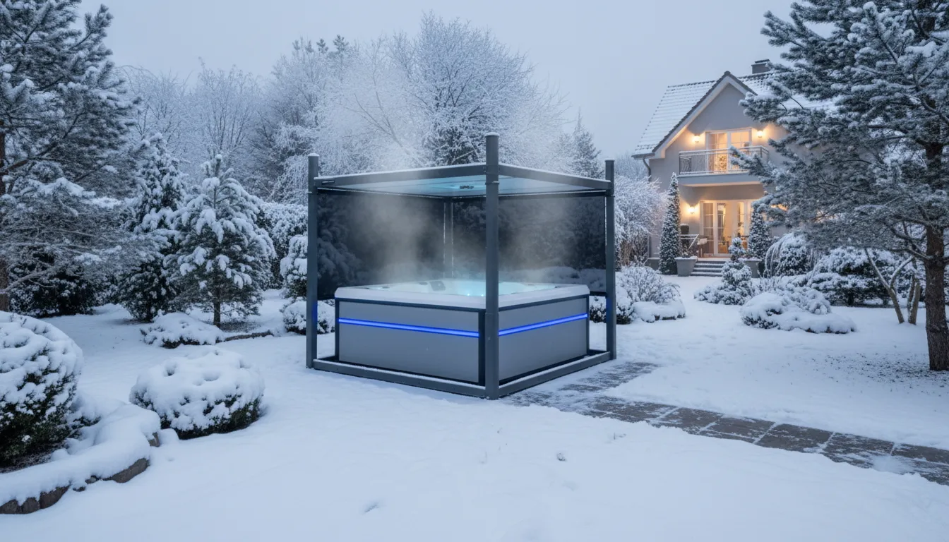 Dampfender Whirlpool im verschneiten Garten neben beleuchtetem Haus