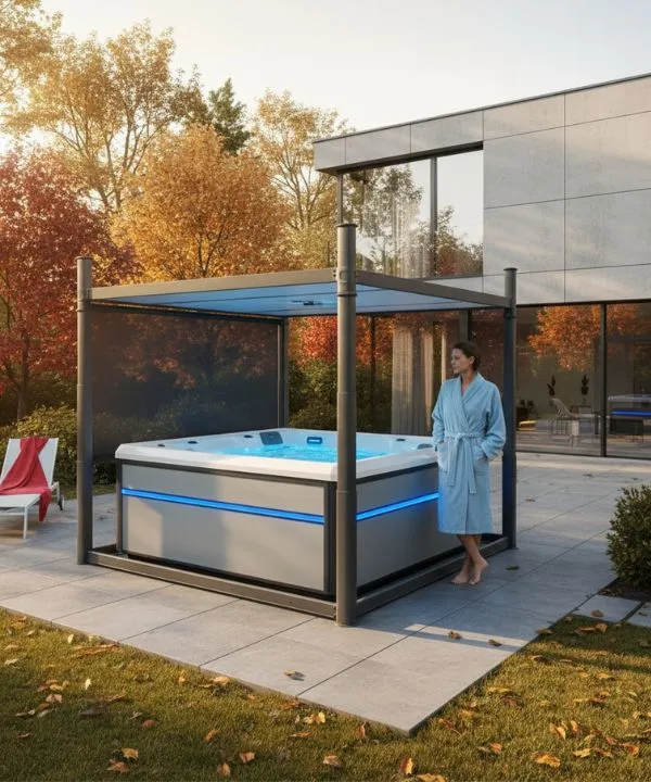 Whirlpool mit blauer Beleuchtung auf Terrasse im Herbst mit fallenden Blättern