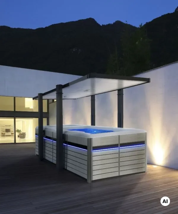 Moderner Whirlpool auf Holzterrasse bei Nacht mit Berglandschaft