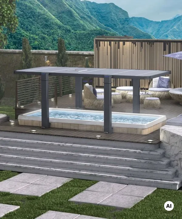 Moderner Whirlpool auf Holzdeck mit Bergblick im Hintergrund