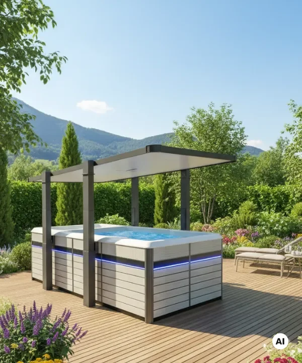 Moderner Whirlpool auf Holzdeck mit Bergblick und blühenden Gärten