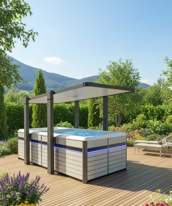 Moderner Whirlpool auf Holzdeck mit Bergblick und blühenden Gärten