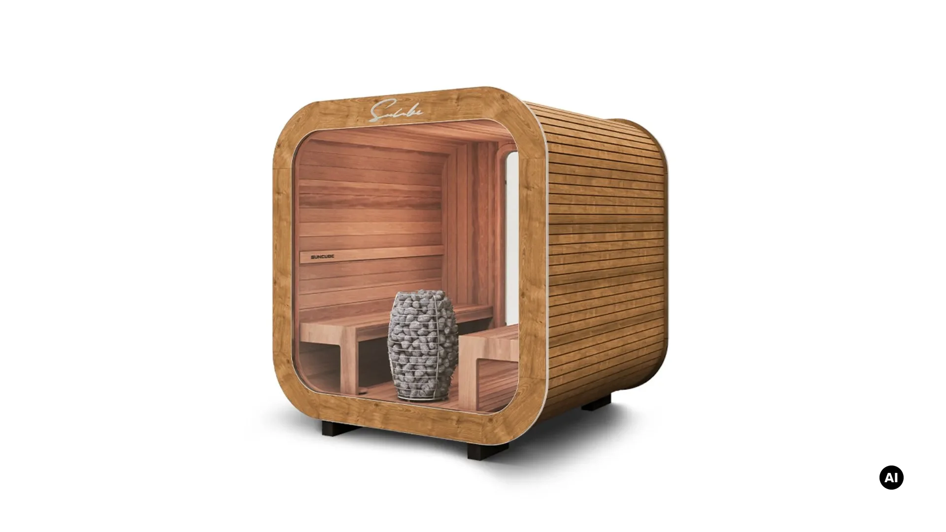 Moderne Holz-Sauna mit Steinofen und geschwungener Design-Optik