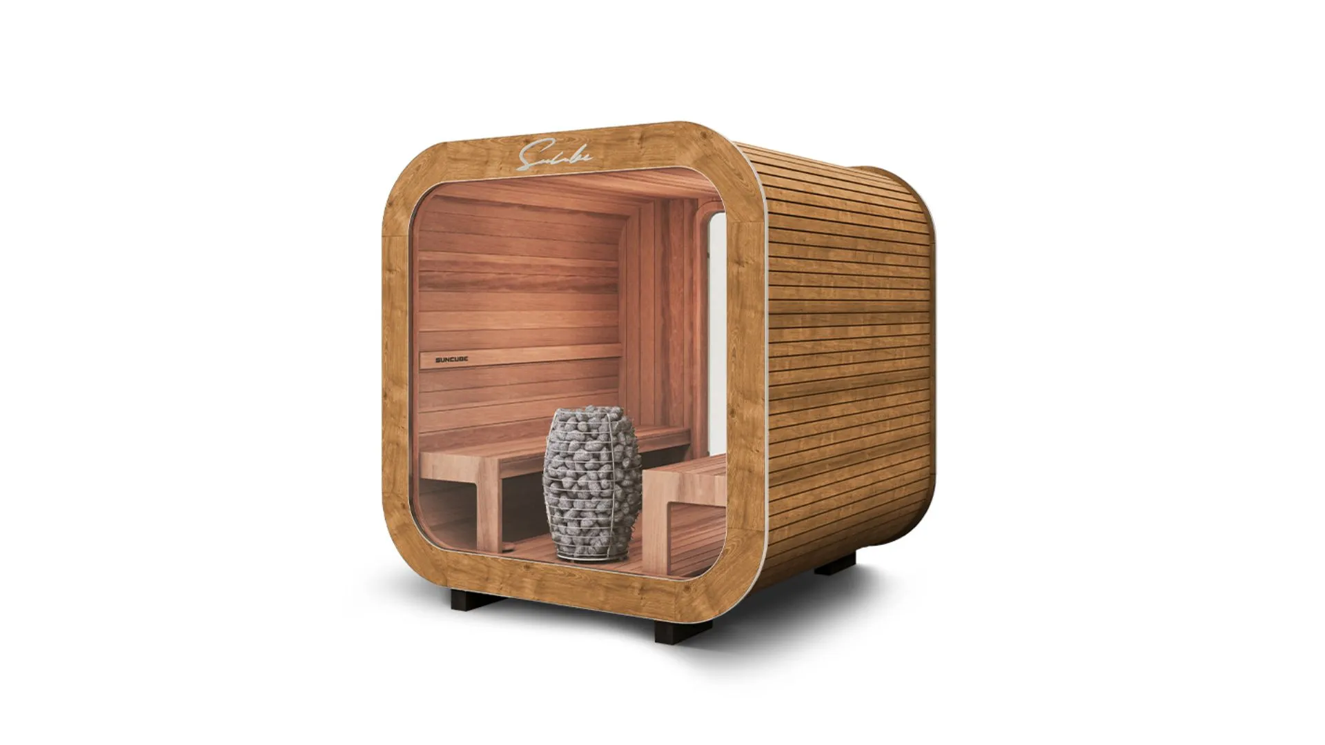 Moderne Holz-Sauna mit Steinofen und geschwungener Design-Optik