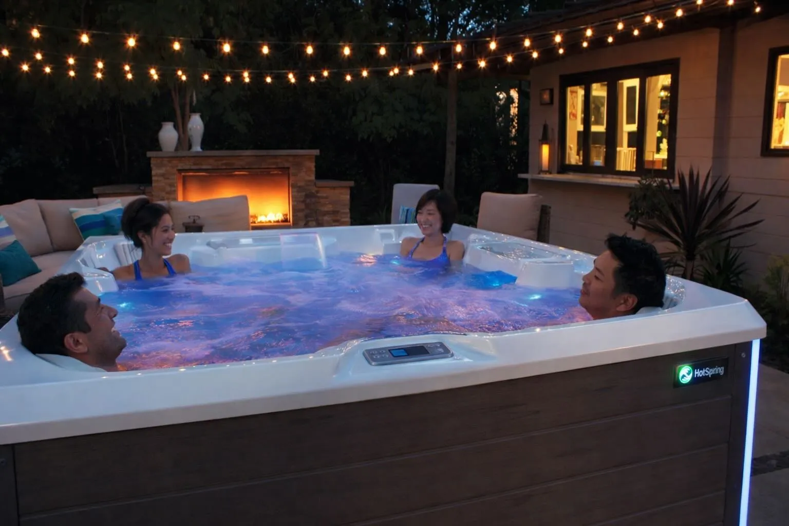 Gruppe von Menschen entspannt nachts im beleuchteten HotSpring® Limelight® Whirlpool.