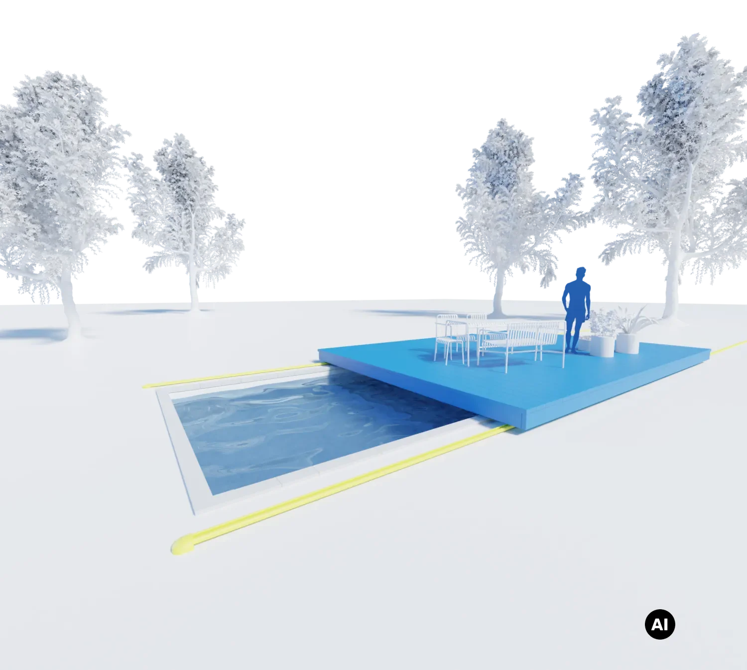3D-Darstellung der WaluDeck-Terrasse, die auf Schienen über das Schwimmbecken gleitet