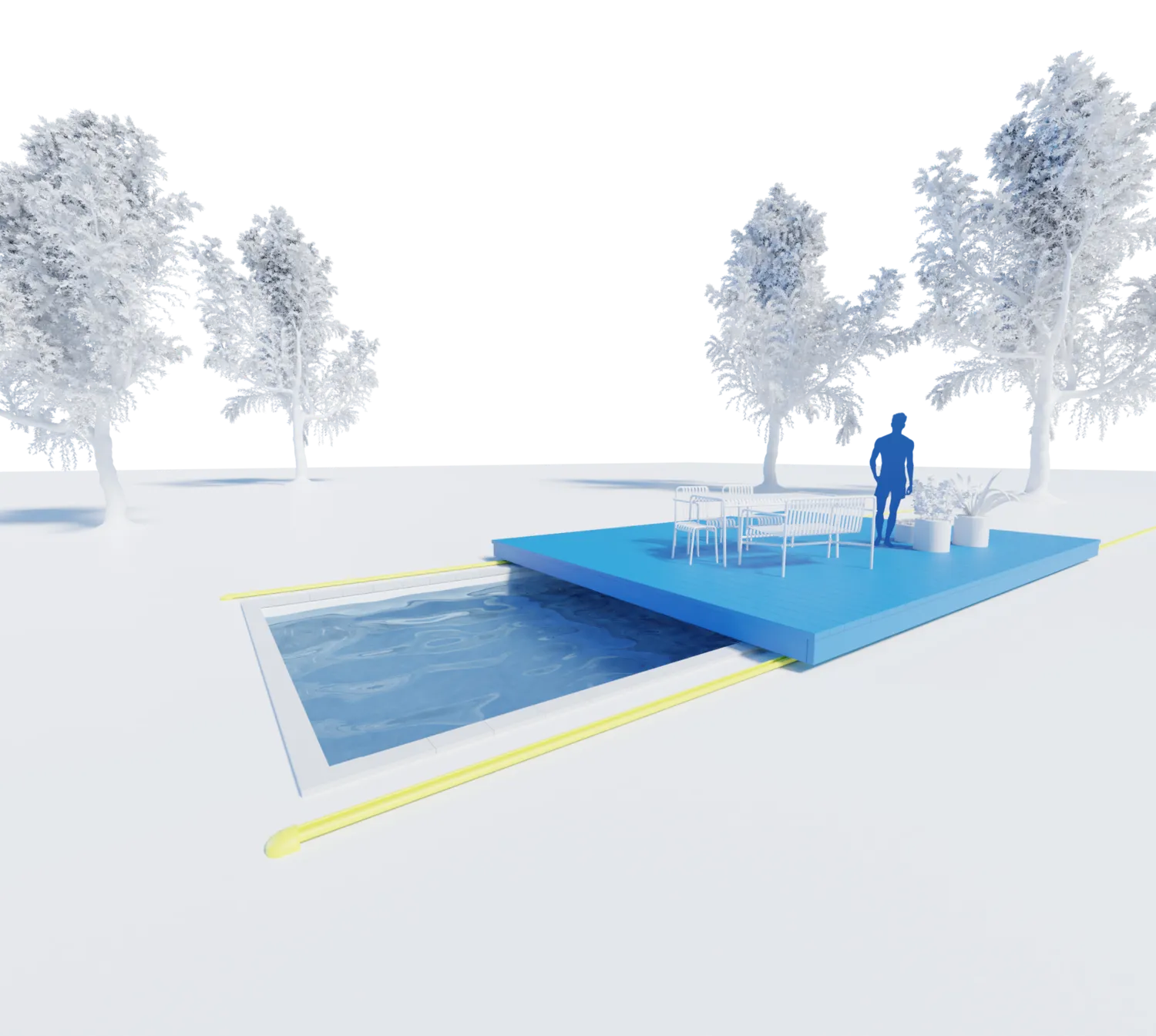 3D-Darstellung der WaluDeck-Terrasse, die auf Schienen über das Schwimmbecken gleitet