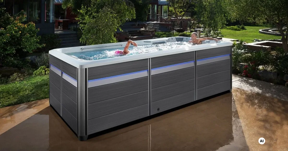 Endless Pools E-Serie: Schwimmerin trainiert im E500 SwimSpa mit Hydrodrive-Gegenstrom im Garten