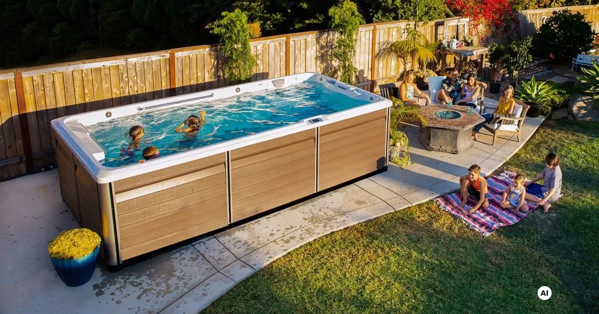 Endless Pools R-Serie: Familie spielt und schwimmt im RecSport R500 SwimSpa im Garten