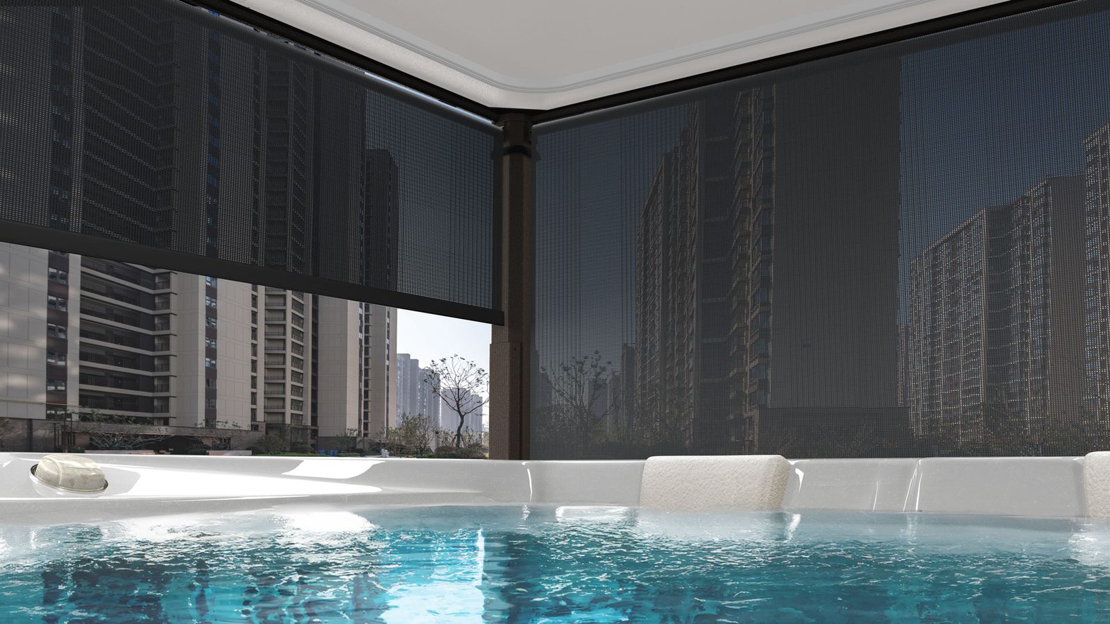 Covana Evolution mit halbtransparenten Privacy Shades als Sichtschutz auf einer Terrasse