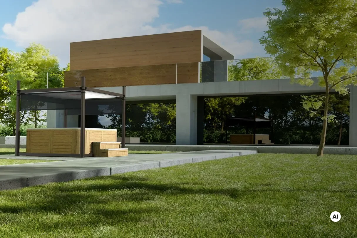 Covana Evolution mit modularem Flachdach über einem Whirlpool an einem modernen Haus