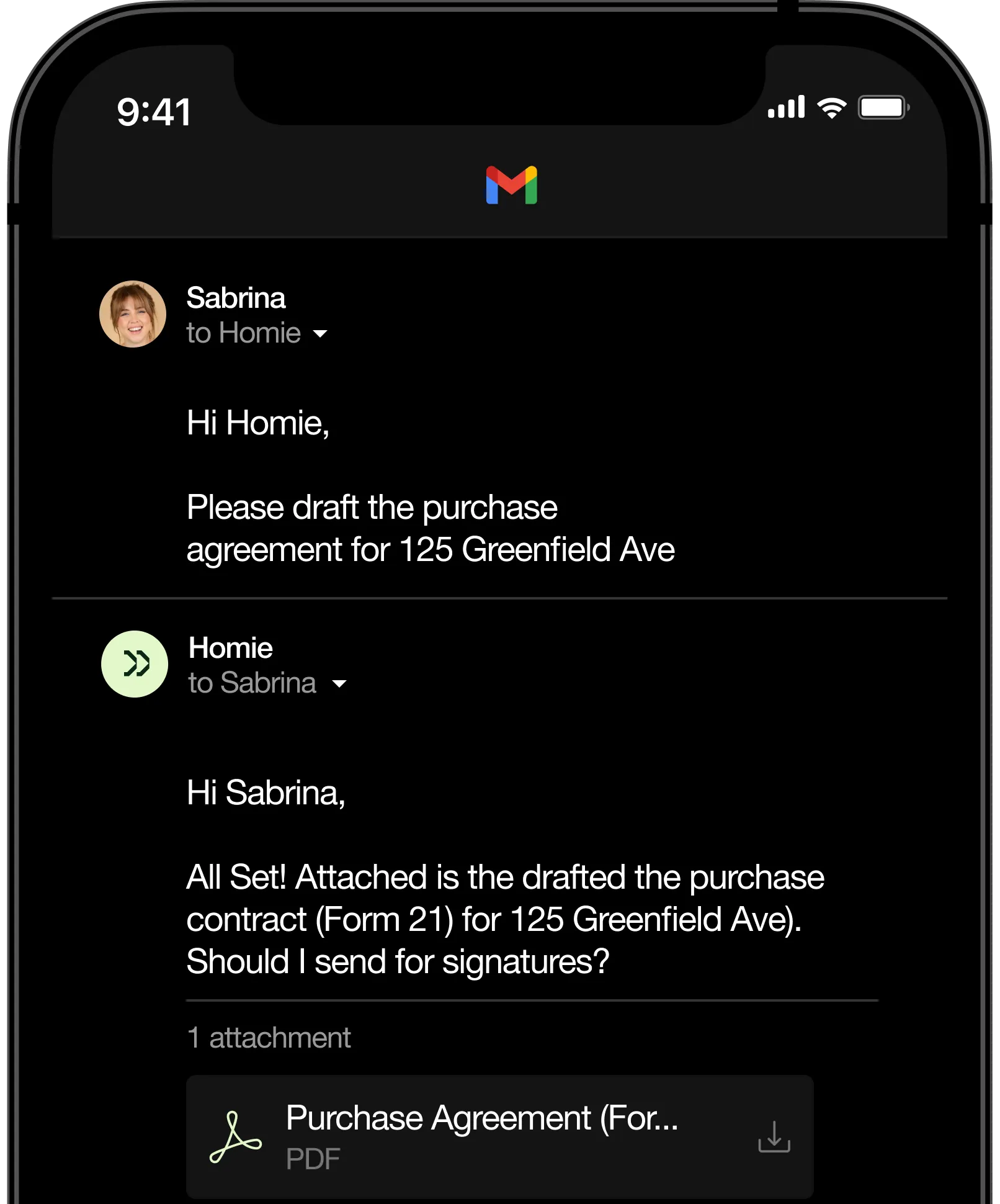 Homie Gmail AI App in simulation on an iPhone 12 Mini