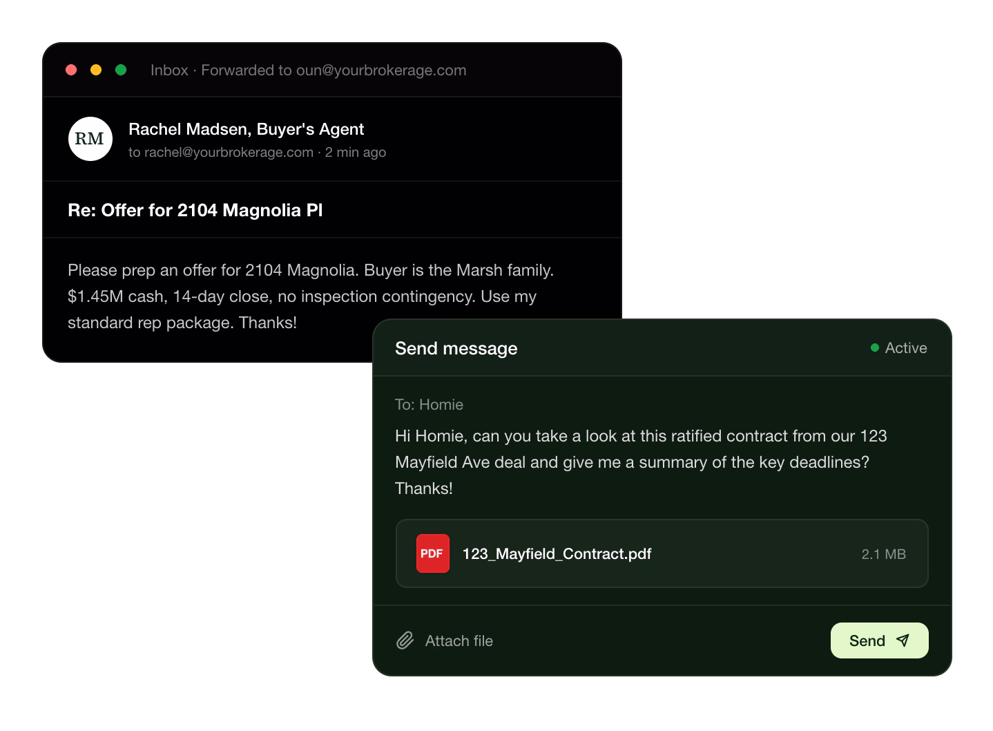 Email from Rachel Madsen about offer for 2104 Magnolia, and message draft requesting contract review for 123 Mayfield Ave.
