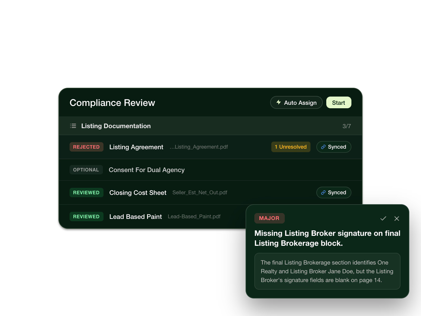 Compliance Review screen showing listing documents status with a major issue on missing broker signature.