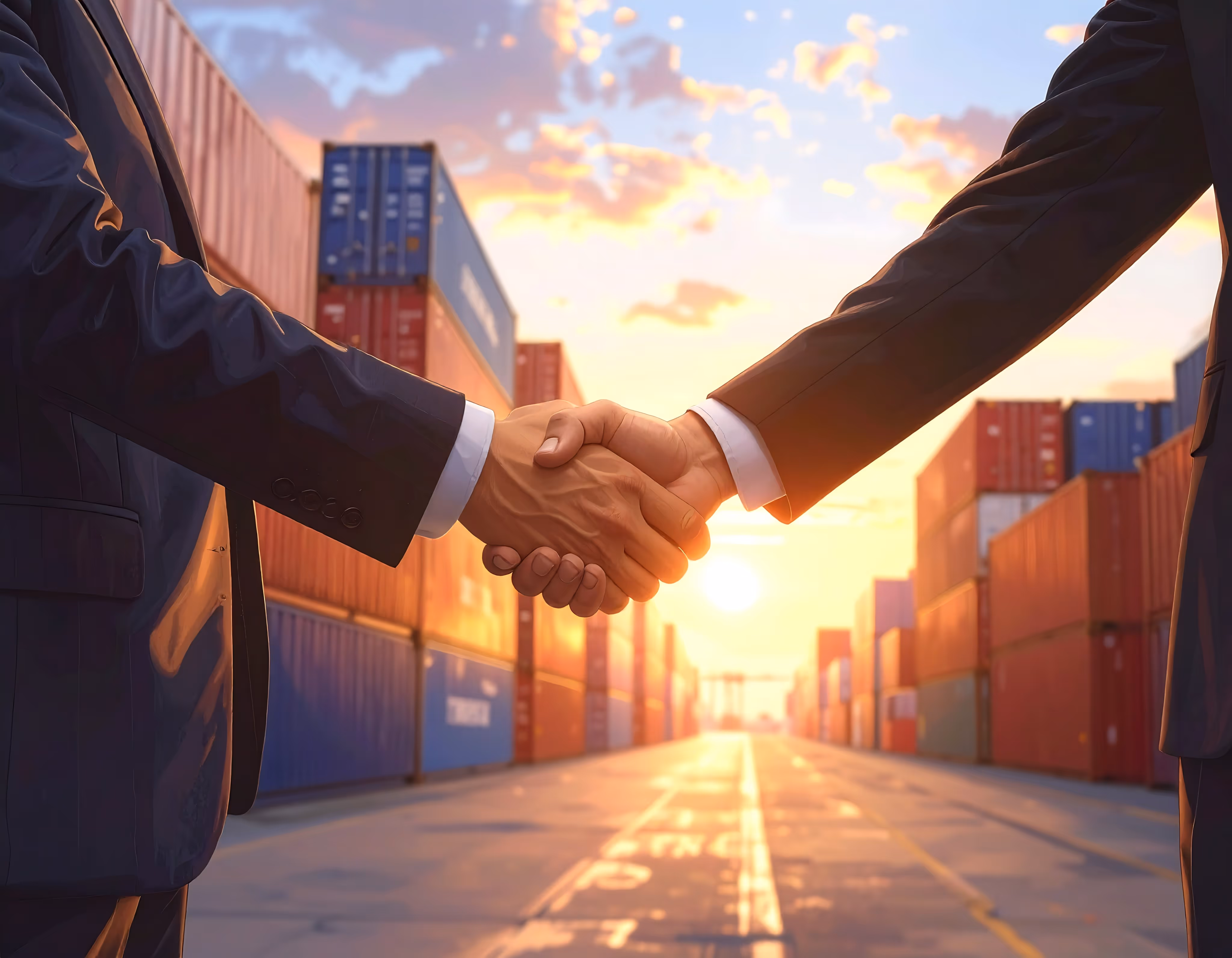 Deux hommes se serrent la main devant une rangée de conteneurs maritimes.