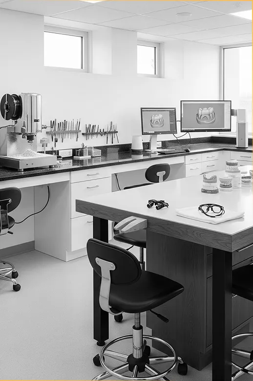 Schwarz-weiß-Aufnahme eines modernen Dentallabors mit Arbeitsplätzen, zahntechnischen Geräten und digitalen Monitoren