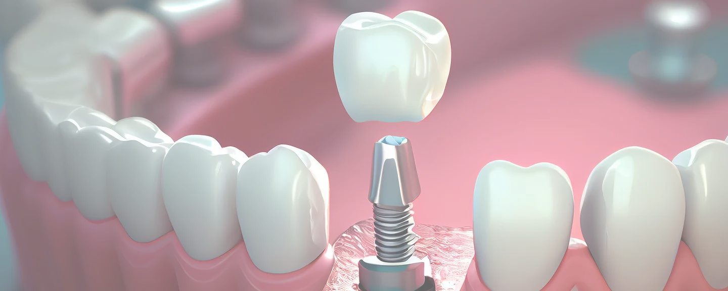 3D-Darstellung eines Zahnimplantats mit Implantatkörper, Abutment und darauf platzierter Keramikkrone