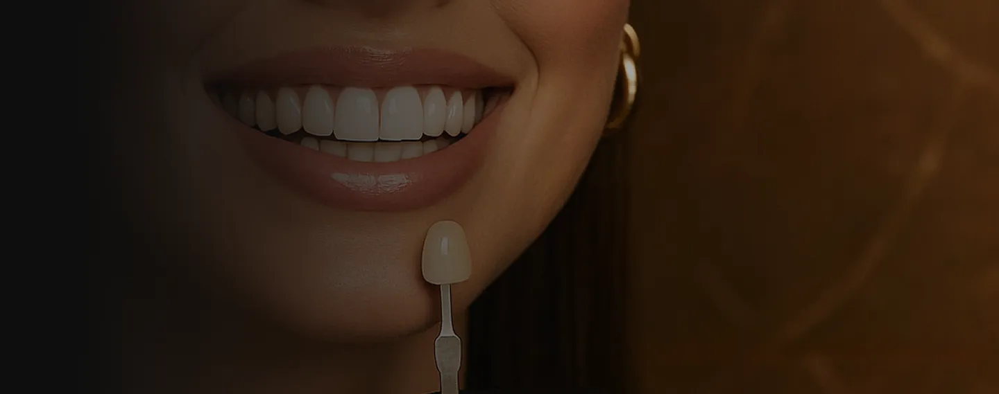 Frau mit hellem Lächeln während der Farbbestimmung für Veneers anhand eines Zahnfarbmusters