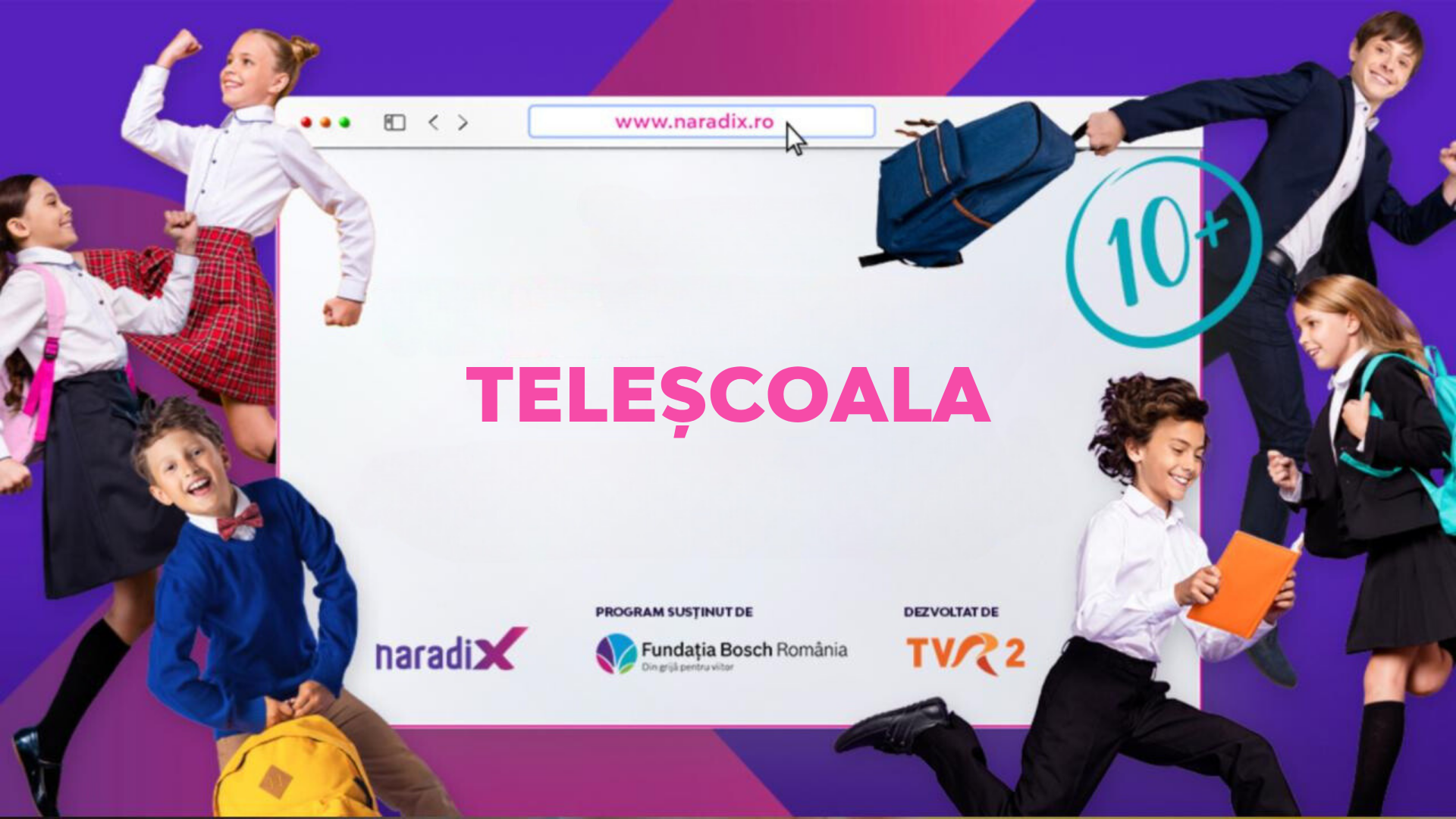 Vizualul campaniei Teleșcoala: elevi în uniformă în jurul unui ecran cu site-ul naradix.ro.