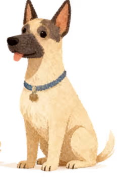 Illustration of a tan and brown dog wearing a blue collar and sitting with its tongue slightly out.