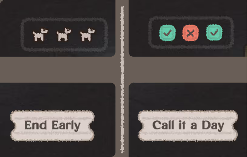 Four-panel illustration with two images of three dogs, two green check marks and one red cross between, and text reading 'End Early' and 'Call it a Day'.