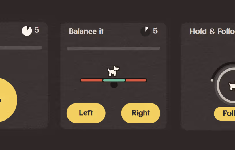 Game screen showing a small dog balancing on a bar with green center and red edges, with left and right yellow buttons underneath labeled 'Left' and 'Right'.