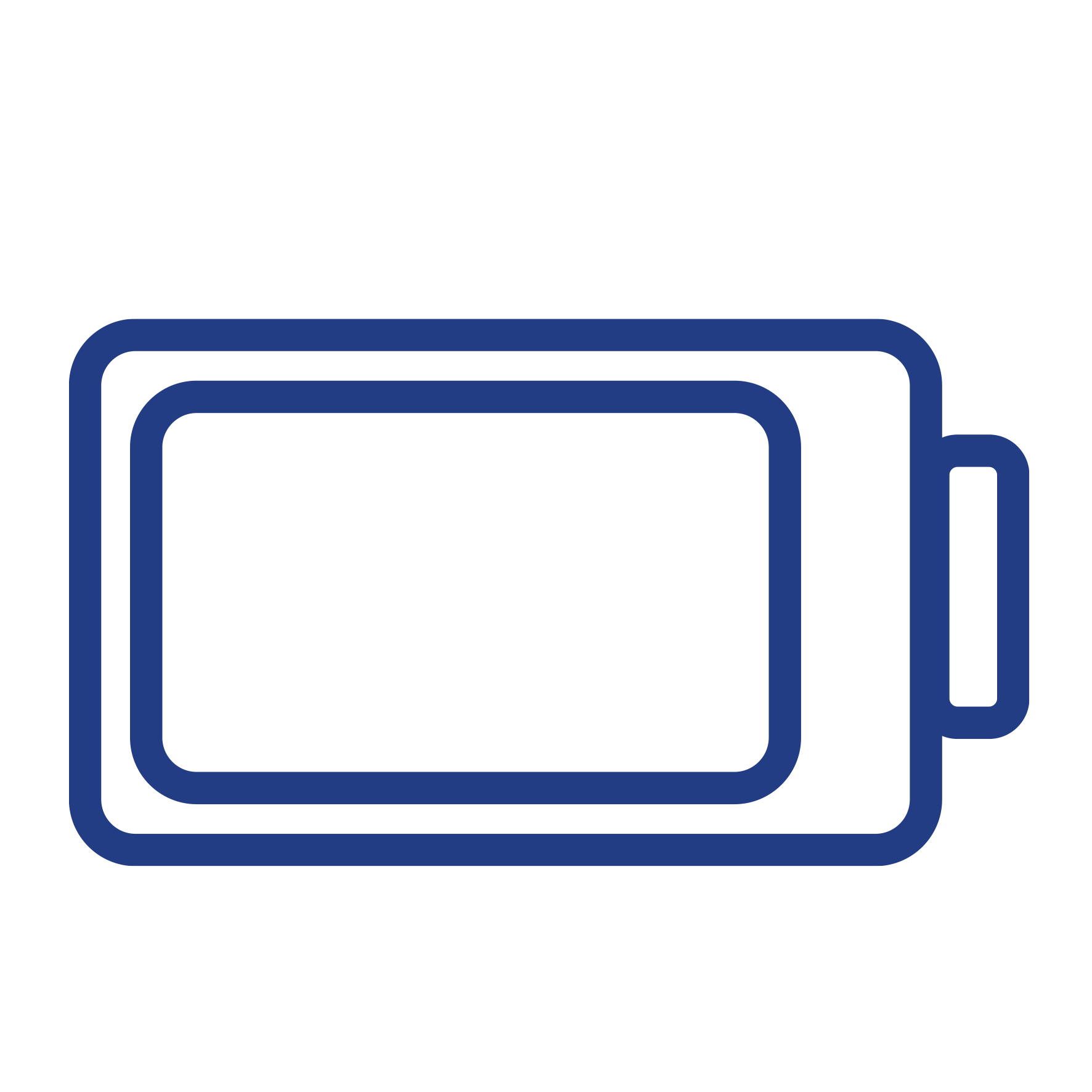 Blue outlined icon of a battery with a smaller inner rectangle representing charge level.