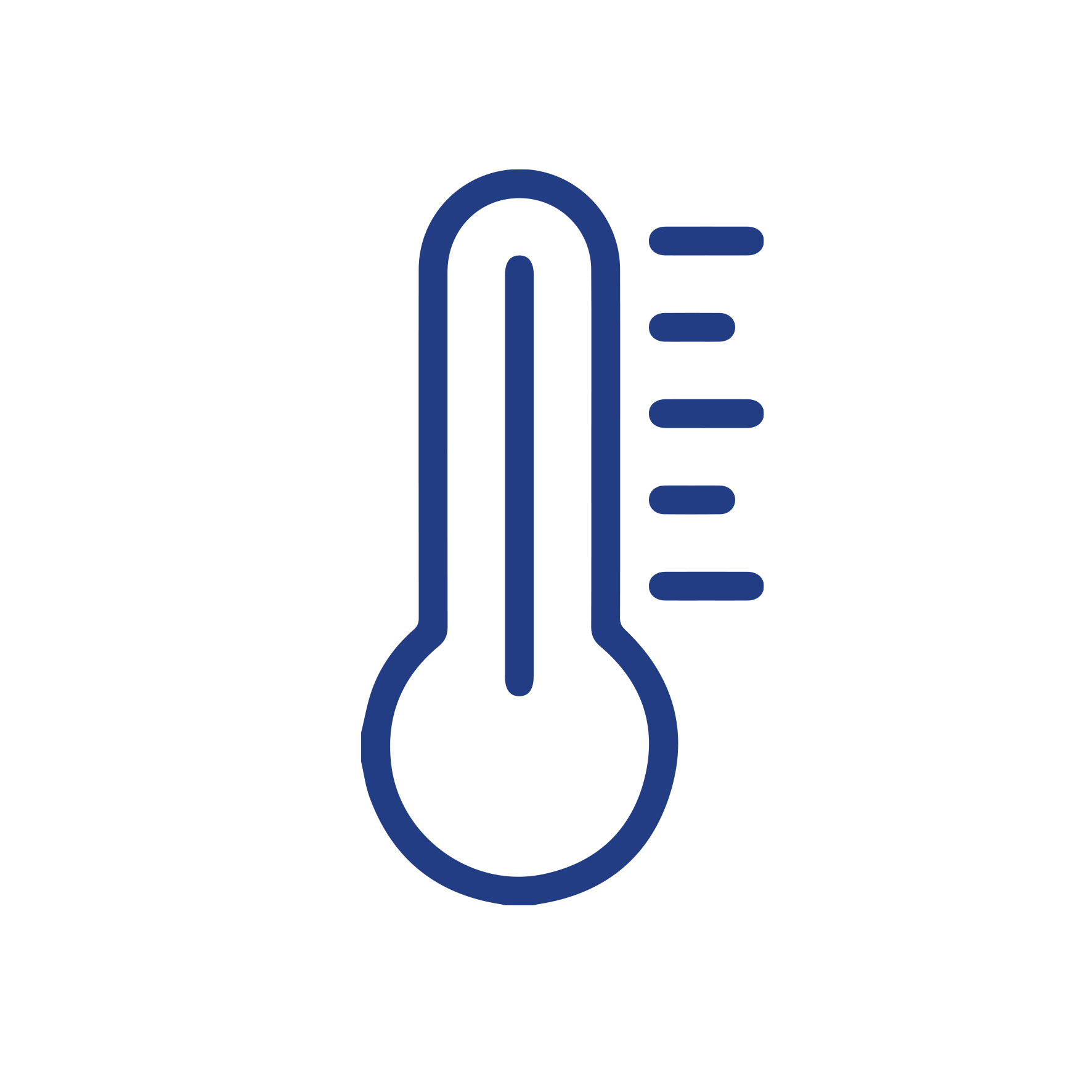 Blue thermometer icon with five horizontal temperature levels on the right side.