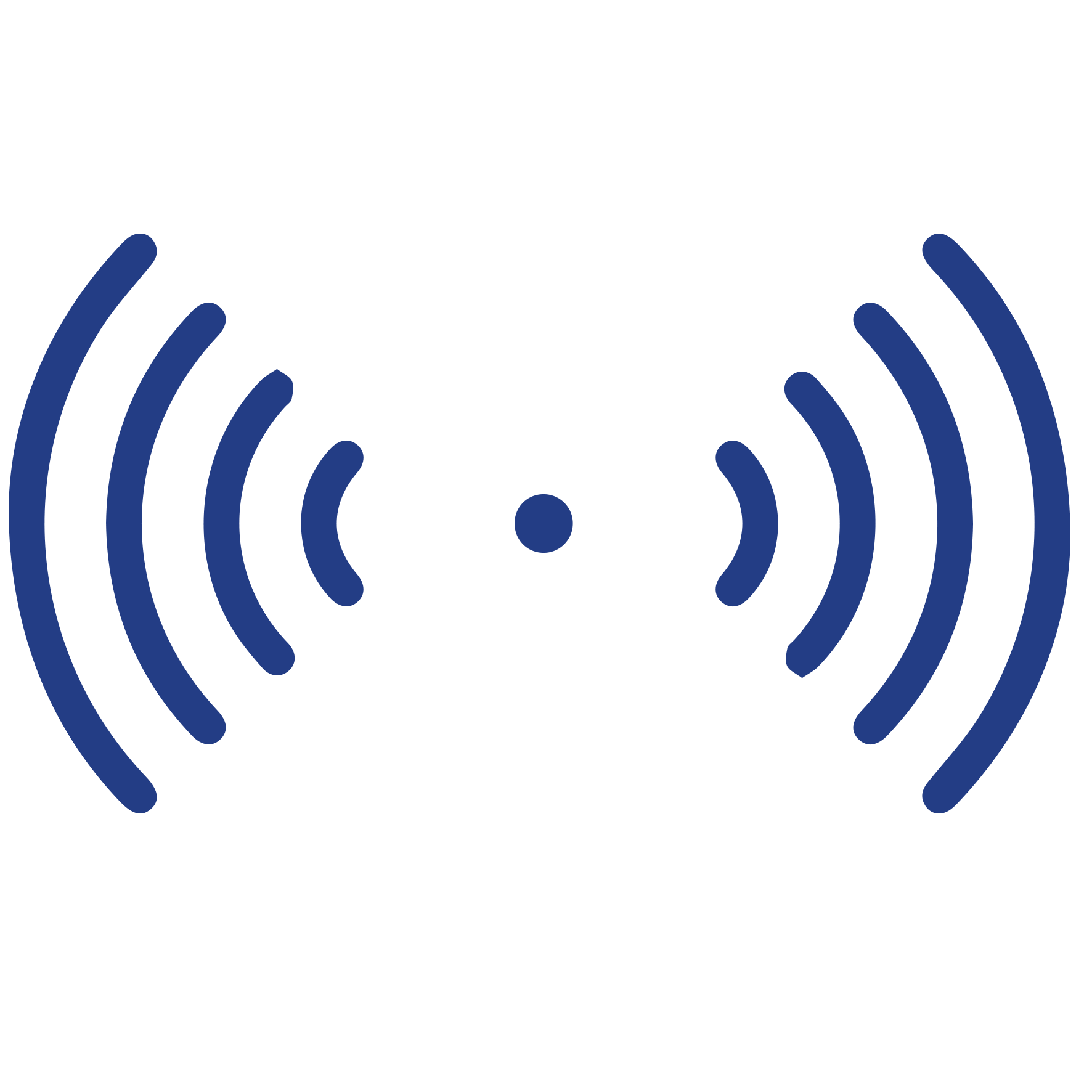Blue wireless signal icon with concentric curved lines radiating from a central dot.