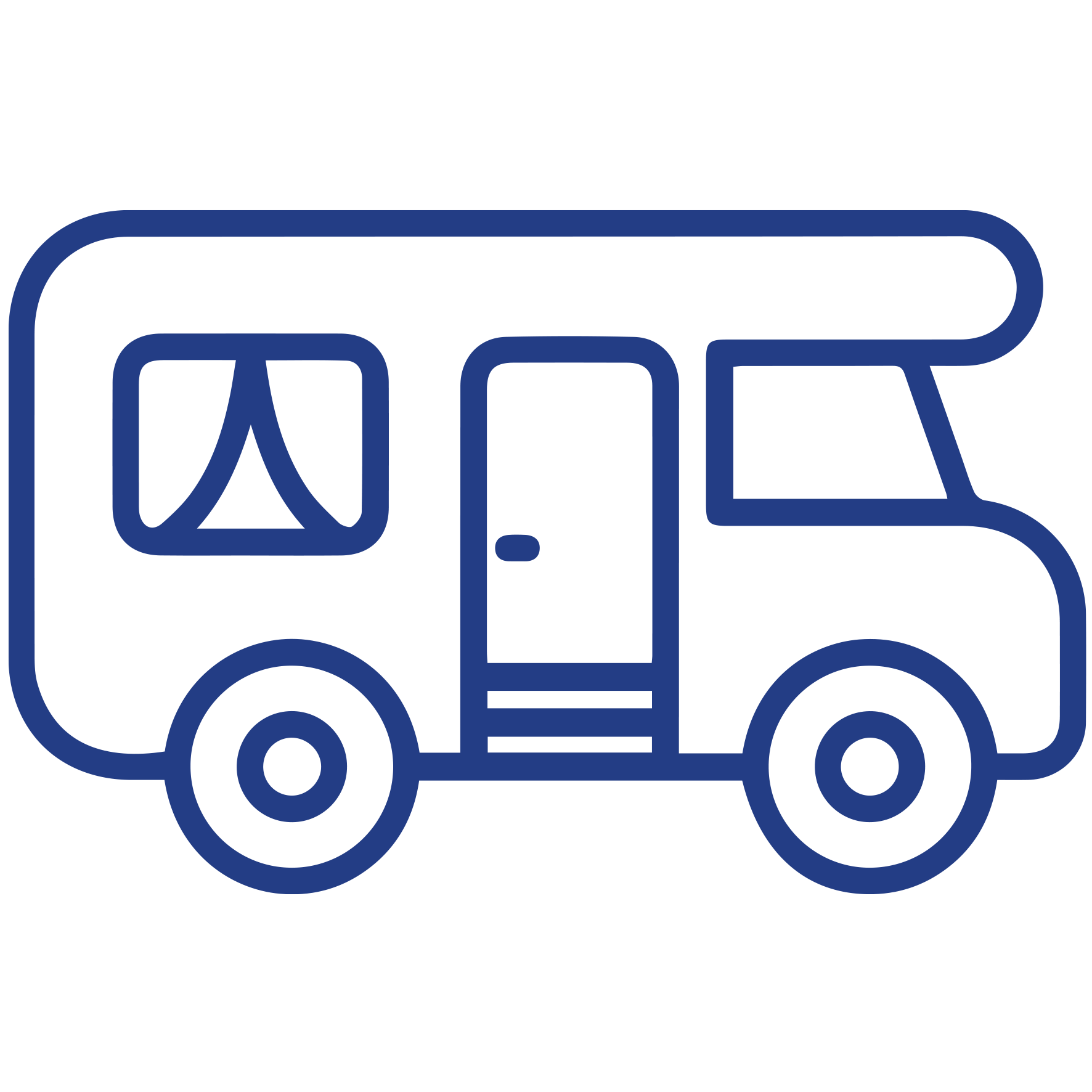 Blue outline icon of a camper van with windows and door details.