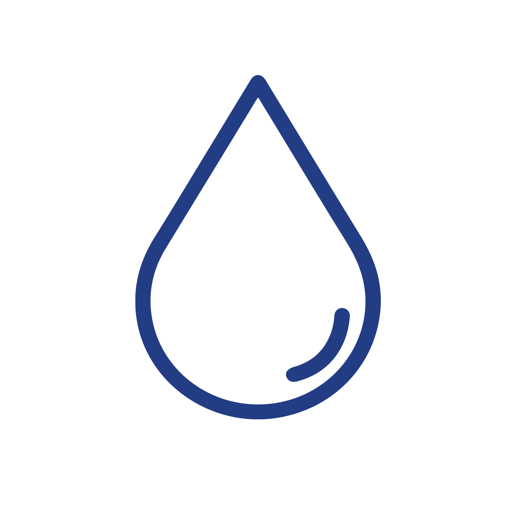 Blue outline of a water droplet with a small curved line inside representing a highlight.