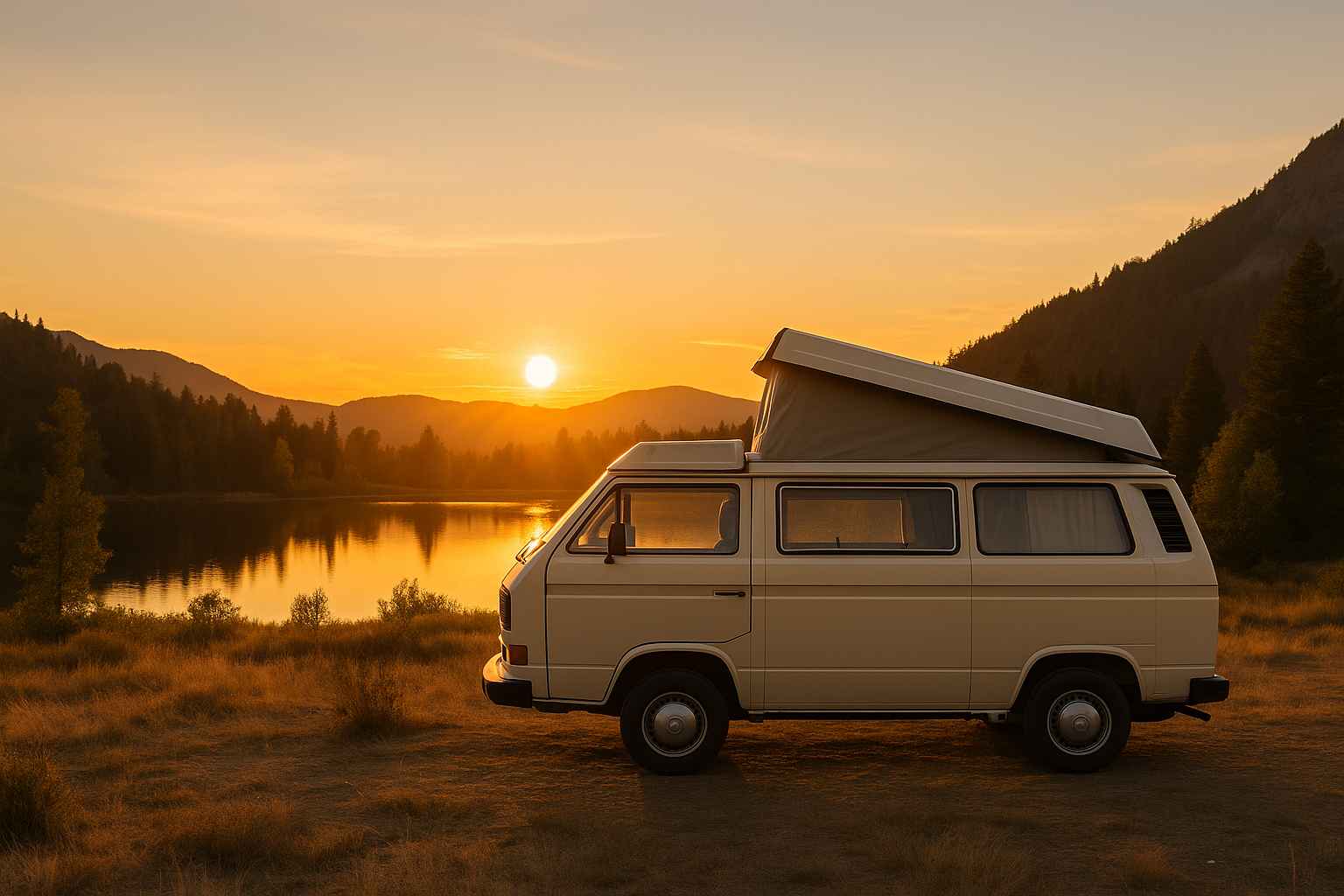 Beige camper van with raised roof parked near a lake at sunset with forested hills in the background.